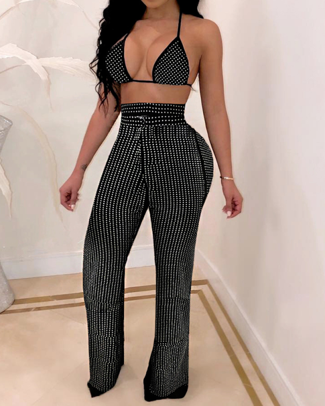 Lady Halter Sexy Printing Two Piece Set Black S-XL 
