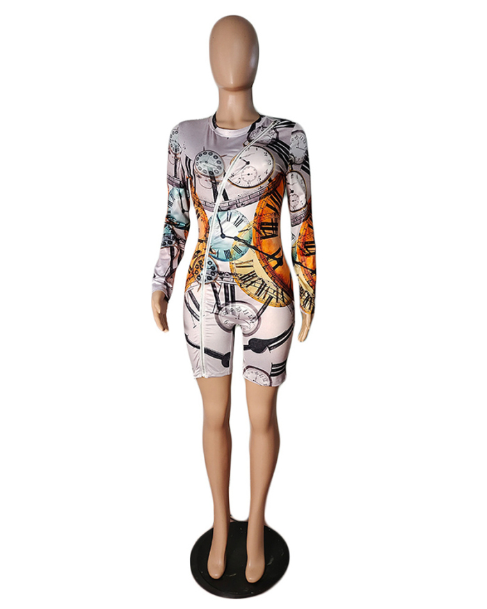 Woman Stylish Printed Long Sleeve Zipper Front Short Rompers S-XL
