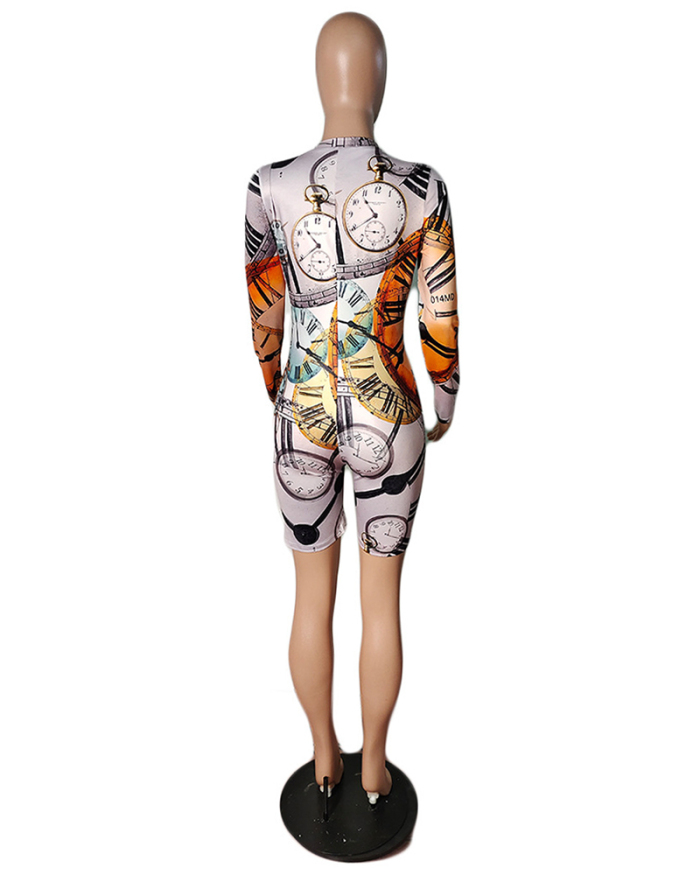 Woman Stylish Printed Long Sleeve Zipper Front Short Rompers S-XL