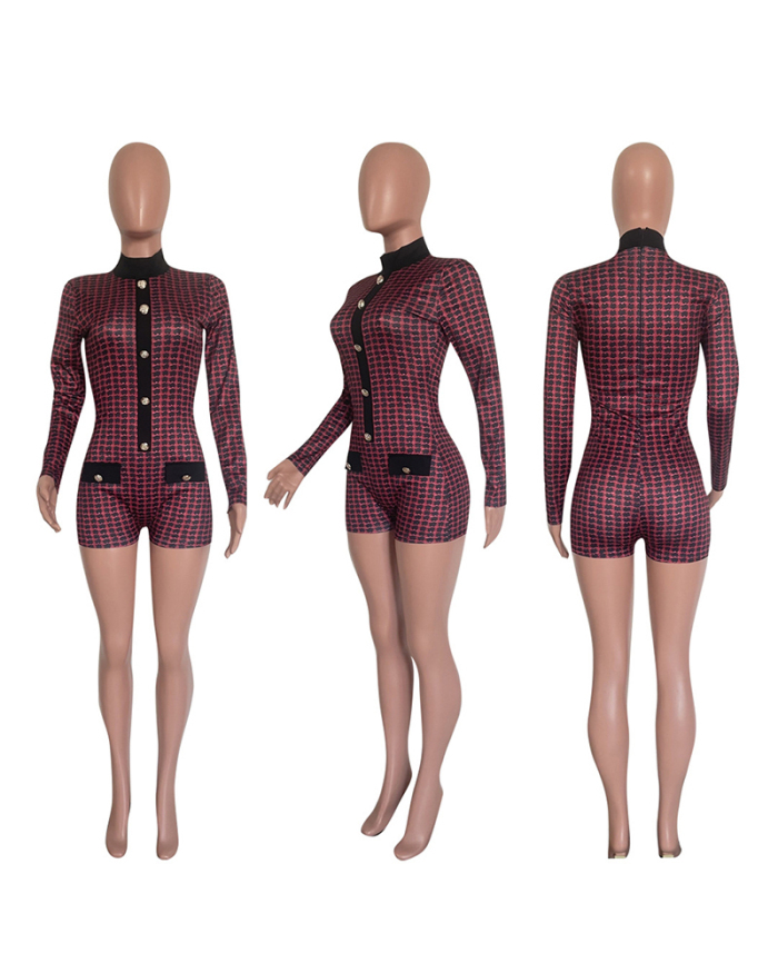 Women Houndstooth Printed Long Sleeve Night Club Wear Sexy Slim Rompers White Wine Red S-2XL