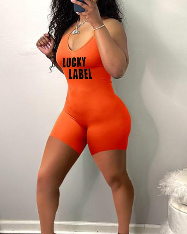 Women Fashion V-neck Lucky Printed Sleeveless Slim Sport Wear Rompers Pink Red Orange S-2XL