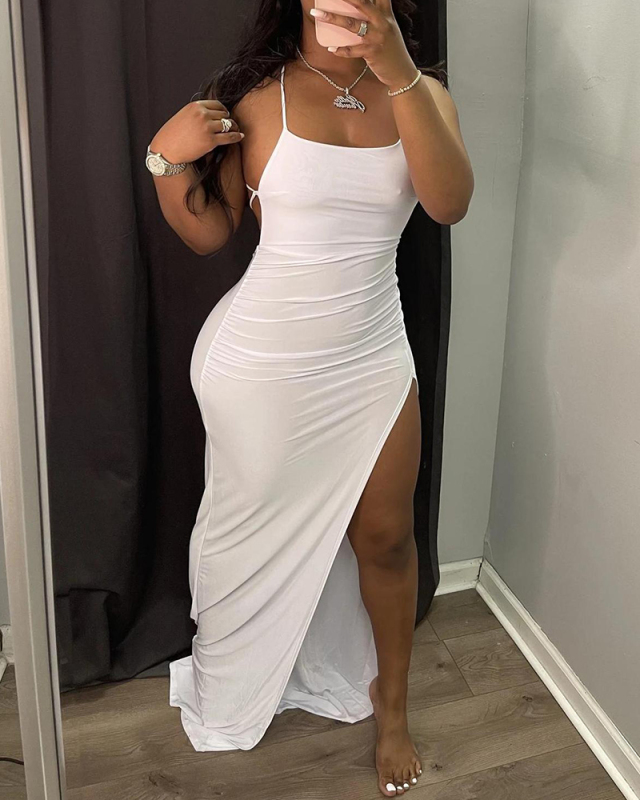 Women Sleeveless Solid Color High Slit Casual Maxi Dresses S-2XL