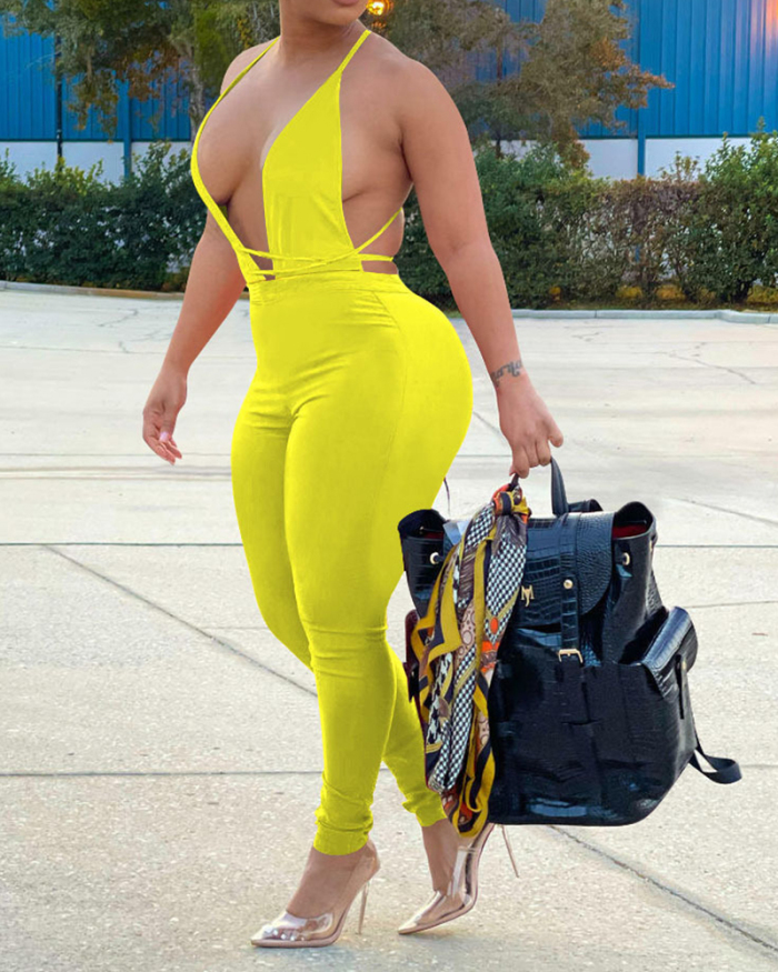 Lady Solid Color Backless V-Neck Jumpsuit White Yellow Red Black Orange S-2XL 