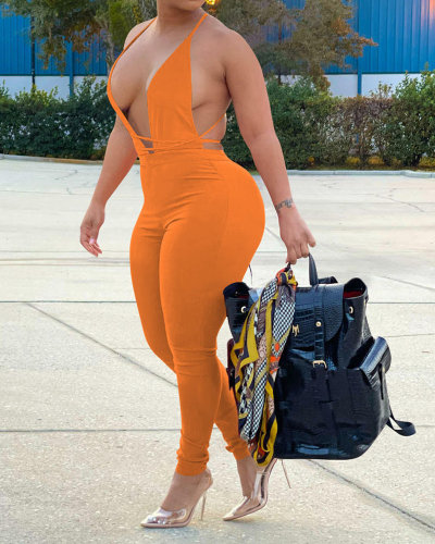 Lady Solid Color Backless V-Neck Jumpsuit White Yellow Red Black Orange S-2XL 
