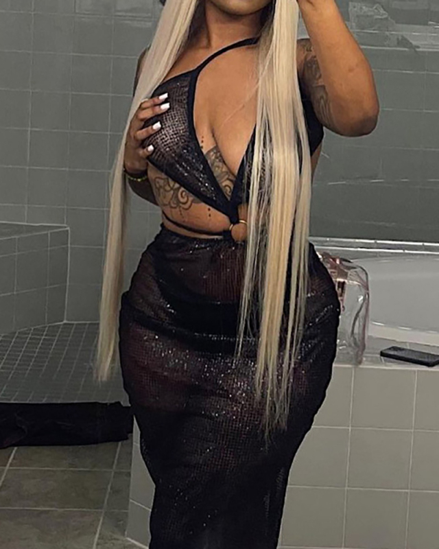 Women Mesh See Through Slash Neck Casual Dresses Black S-L