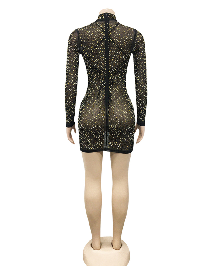 Women Long Sleeve Mesh Sequin See Through Hollow Out Casual Mini Dresses Black Gold Blue S-2XL