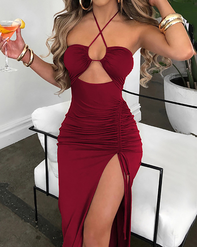Lady Halter Solid Color Hollow Out One Piece Dress Wine Red Brown Black S-L 