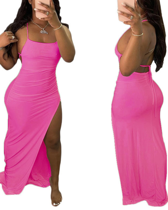 Women Sleeveless Solid Color High Slit Casual Maxi Dresses S-2XL