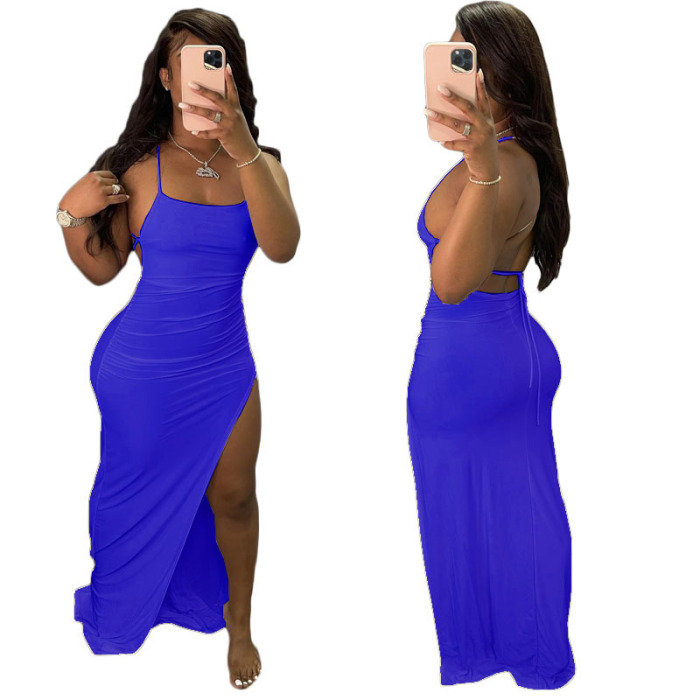 Women Sleeveless Solid Color High Slit Casual Maxi Dresses S-2XL