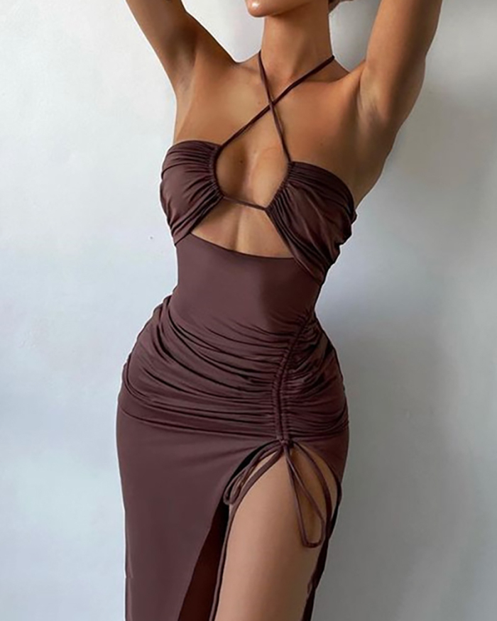 Lady Halter Solid Color Hollow Out One Piece Dress Wine Red Brown Black S-L 