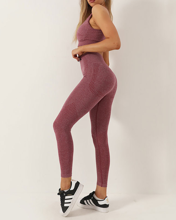 Seamless Three Piece Bra Long Sleeve Top Trousers Suit Fitness Yoga Wear Solid Color S-L