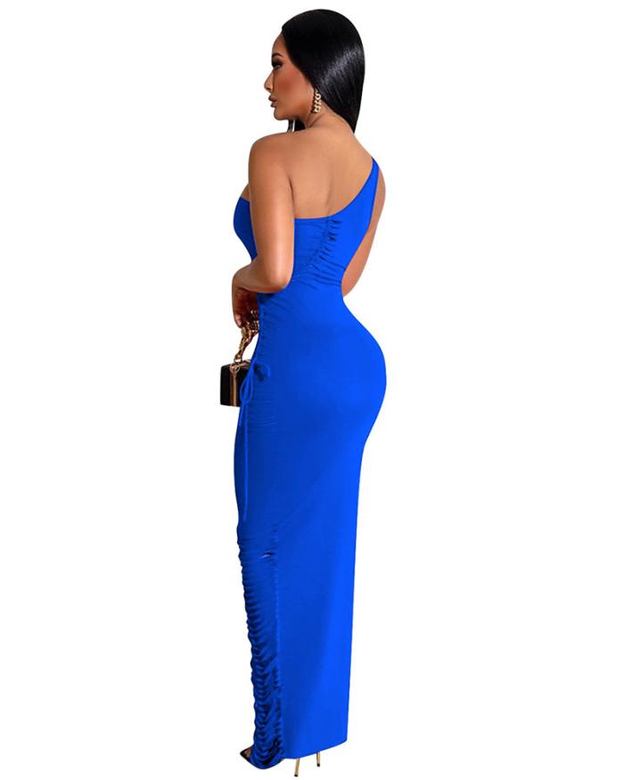 Solid Color Women Single Shoulder Casual Dress Hollow Out Dress S-XXL