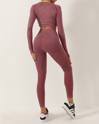 Seamless Three Piece Bra Long Sleeve Top Trousers Suit Fitness Yoga Wear Solid Color S-L