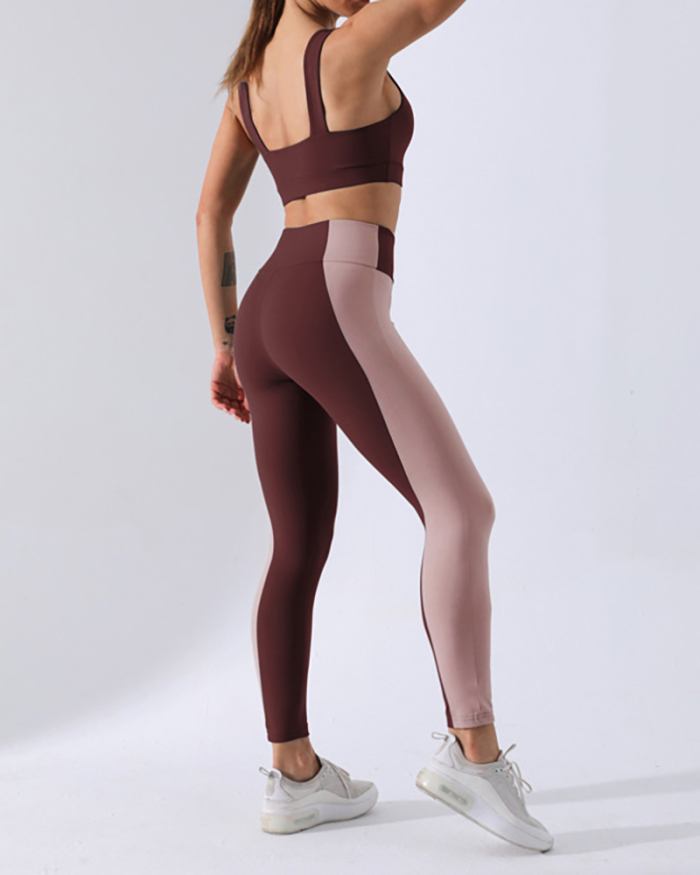 New Contrast Color Stitching Fitness Suit Long Sleeve Yoga Suit Sports Fitness Suit Two Piece Set S-XL
