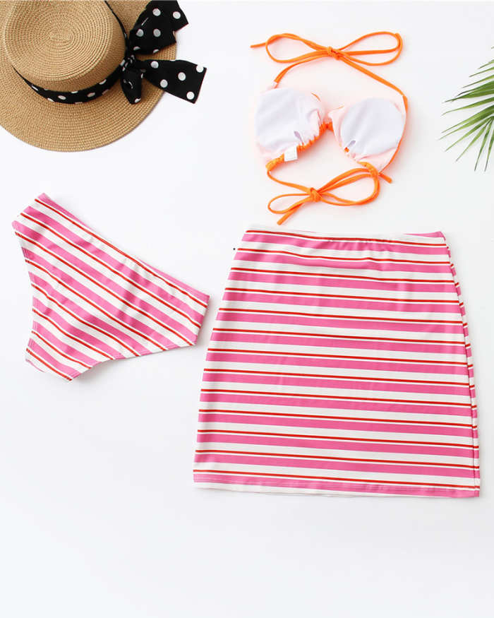 Womens New Summer Bikini Sexy Cute Striped Three-piece Swimsuit Orange S-L
