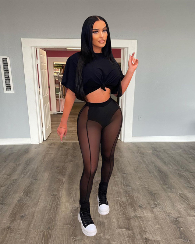 Short Sleeve Mesh Women Two Piece Pant Set S-XXL