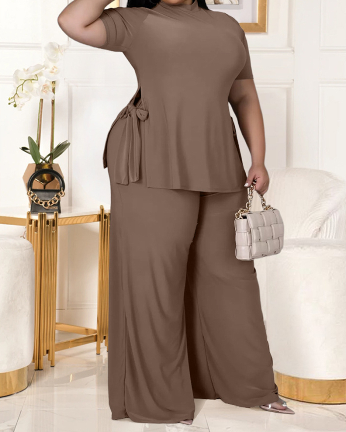 Casual Comfortable Short Sleeve Solid Color Loose Women Pants Sets Plus Size Two Piece Sets Black Green Brown XL-5XL