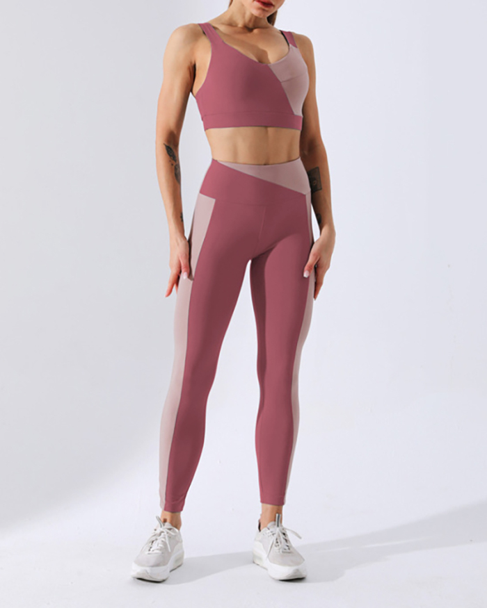 New Contrast Color Stitching Fitness Suit Long Sleeve Yoga Suit Sports Fitness Suit Two Piece Set S-XL