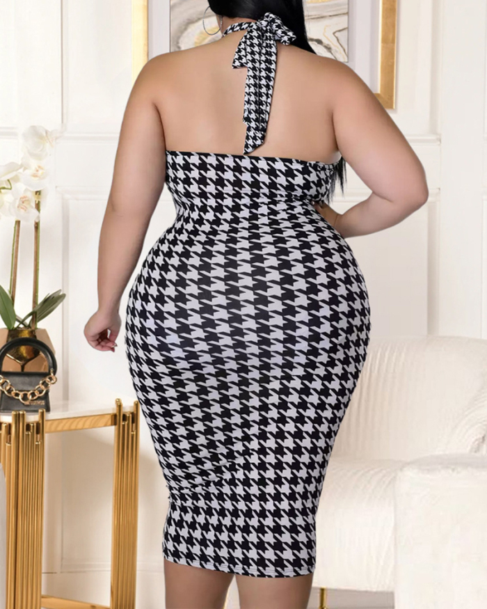 Womens Elegant Criss Cross Neck Hollow Out Sleeveless Mid-calf Houndstooth Printed Skirt Sets Plus Size Two Piece Sets XL-5XL