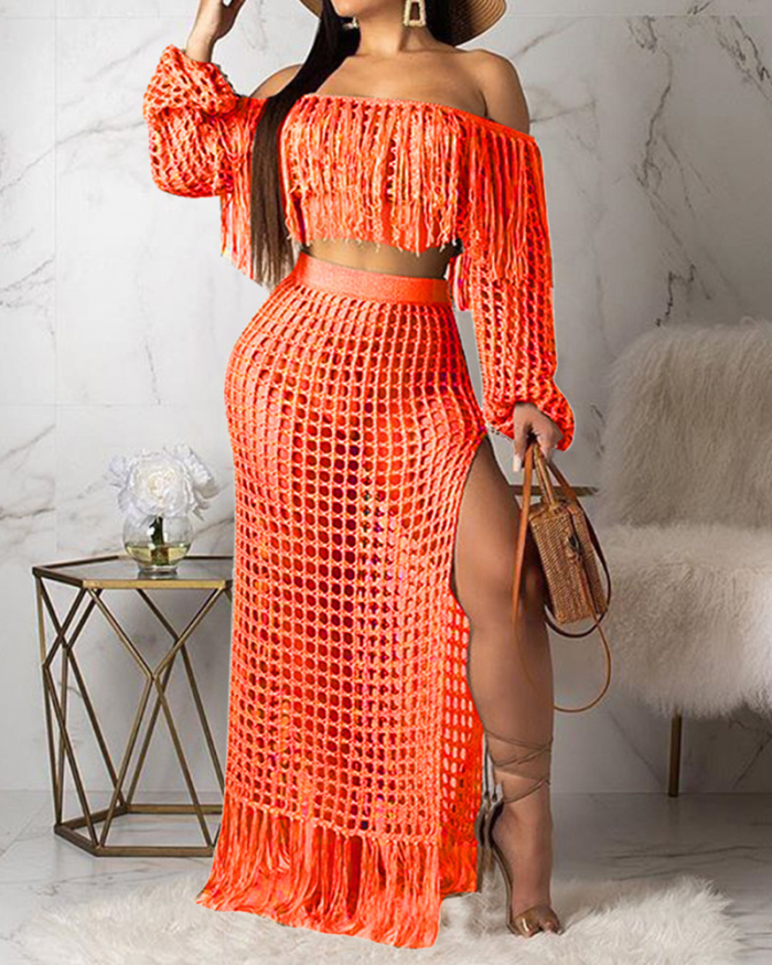 Top Sale Women Hole Tassel Long Sleeve Solid Color Summer Beach Wear Casual Skirt Sets Two Pieces Outfit S-3XL