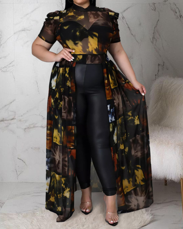 Newest Women Short Puff Sleeve Florals O-neck Mesh Hollow Out Long Hem Plus Size Top Black Green Colorful Blue Green XL-5XL