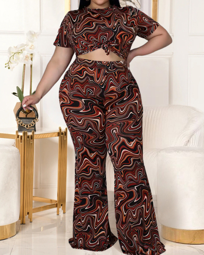 Women Short Sleeve Tops Colorblock Printed Bell-bottomed Pants Sets Plus Size Two Piece Sets Coffee Colorful XL-5XL