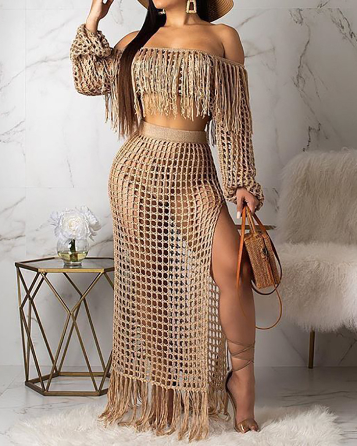 Top Sale Women Hole Tassel Long Sleeve Solid Color Summer Beach Wear Casual Skirt Sets Two Pieces Outfit S-3XL