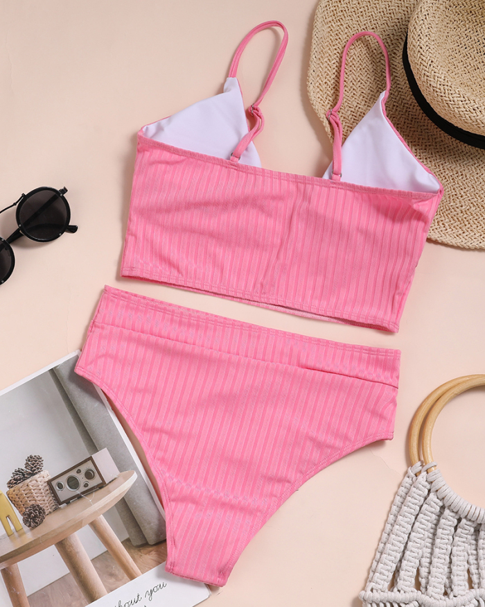 Women Solid Color V-neck High Waist Two-piece Swimwear Pink Black Red Blue Green Coffee S-XL