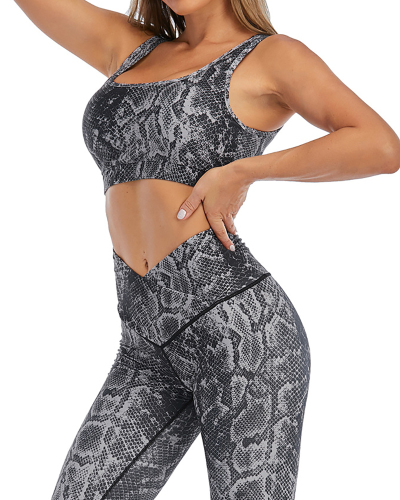 Python Print Yoga Set Crossover High Waist Gym Pants Sports Bra Two Piece S-XXL