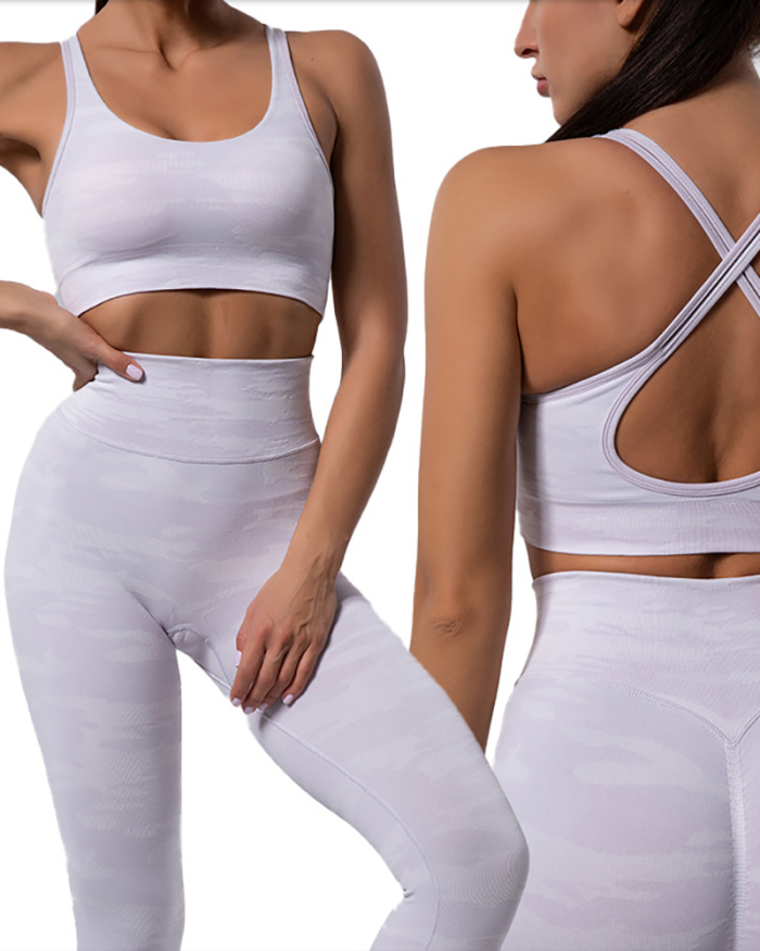 Ladies New Seamless Knit Camo Pattern Yoga Wear Sports Bra Running Pants Two Piece Set S-L