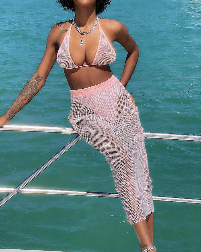 Sexy Summer Mesh See Through Halter Neck Beach Wear Women Skirt Sets Two Pieces Outfit (Without Panty)
