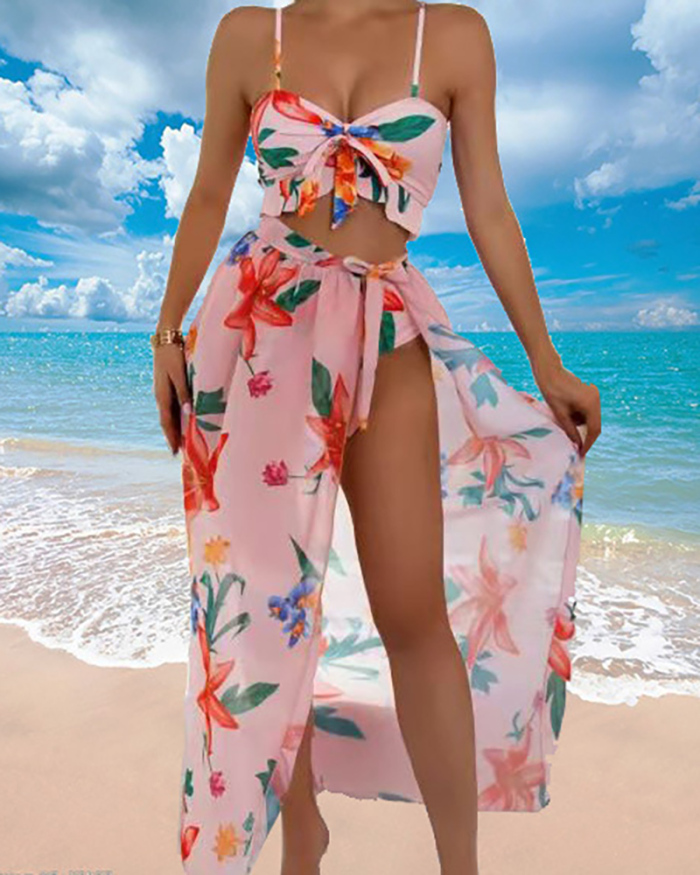 Lady Printing Sexy Beach Three Piece Swimwear Pink Orange Blue S-XL 