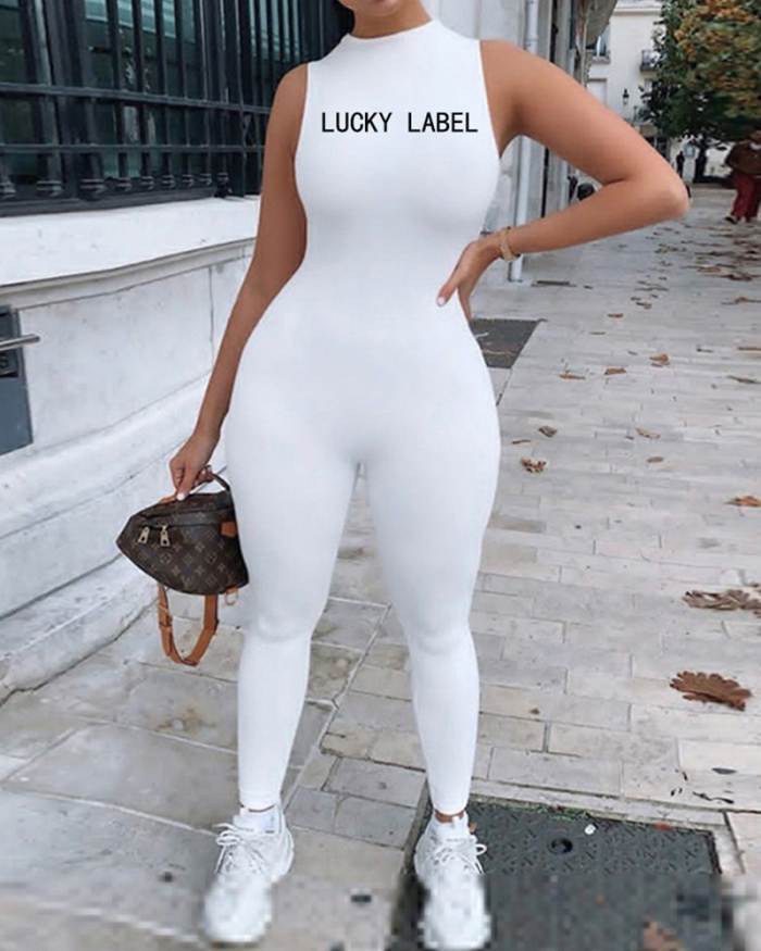 Lady Letter Printing Sleeveless Solid Color Jumpsuit White Gray Black S-2XL 