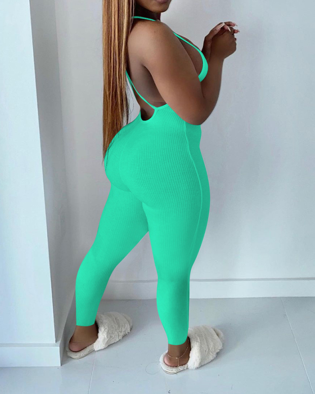 Women Solid Color Sling V-Neck Backles Jumpsuit White Yellow Red Gray Black Pink Blue S-2XL 