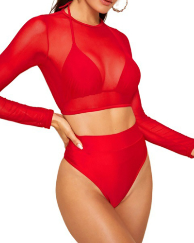 Sexy Mesh See Through Halter High Cut Three Piece Swimwear Wine Red Black Yellow S-XL