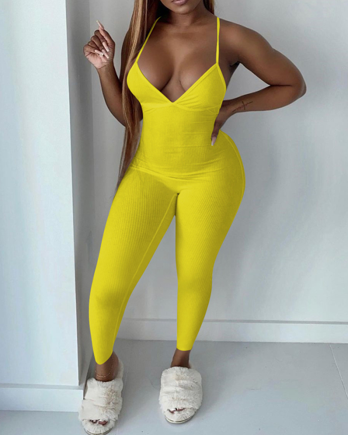 Women Solid Color Sling V-Neck Backles Jumpsuit White Yellow Red Gray Black Pink Blue S-2XL 