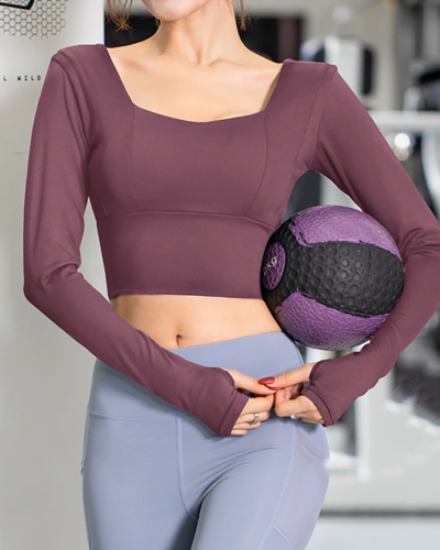 Women's New Fitness Short Navel Yoga Clothes Stretch Slim Sports Long Sleeve Tops with Bra Pads S-XXL