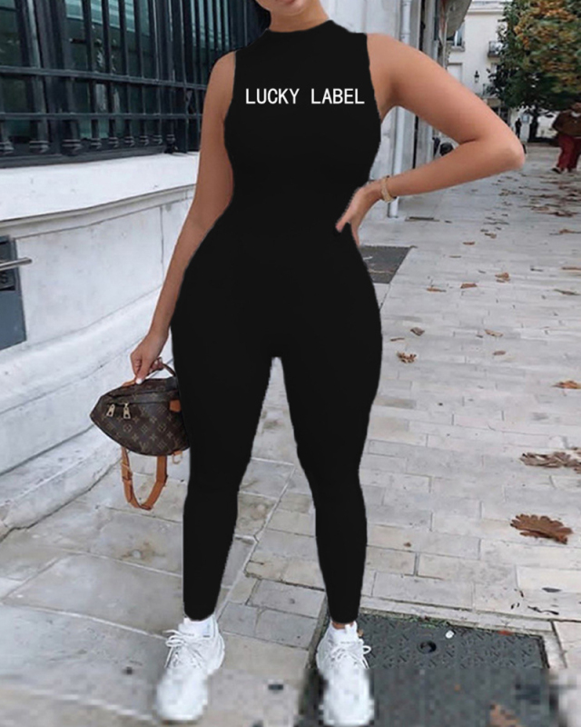 Lady Letter Printing Sleeveless Solid Color Jumpsuit White Gray Black S-2XL 