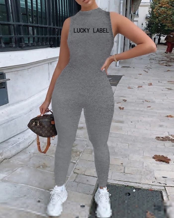 Lady Letter Printing Sleeveless Solid Color Jumpsuit White Gray Black S-2XL 