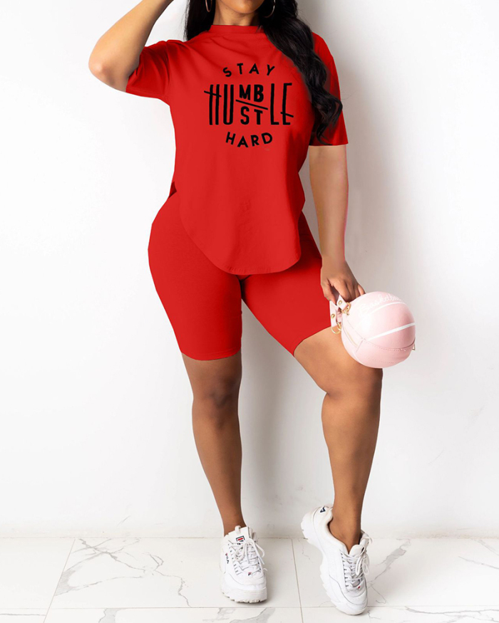 Women Short Sleeve Fashion Printed O-neck Casual Knee Length Short Sets Two Pieces Outfit Pink Red Gray Black Blue S-2XL