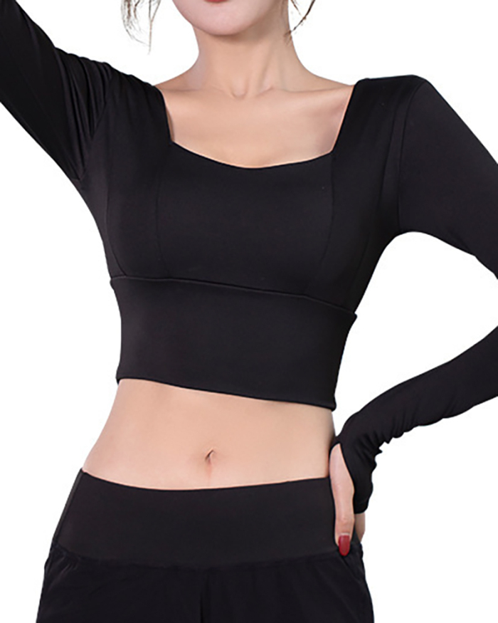 Women's New Fitness Short Navel Yoga Clothes Stretch Slim Sports Long Sleeve Tops with Bra Pads S-XXL
