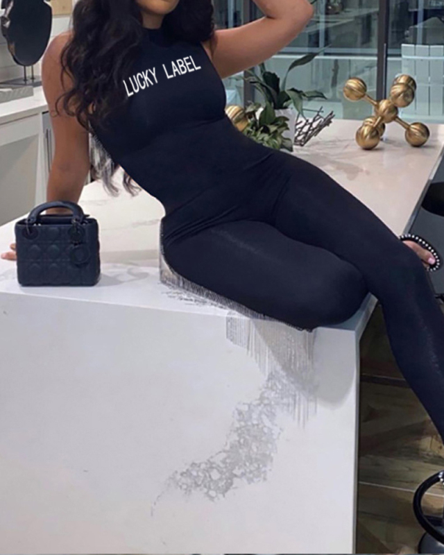 Lady Letter Printing Sleeveless Solid Color Jumpsuit White Gray Black S-2XL 
