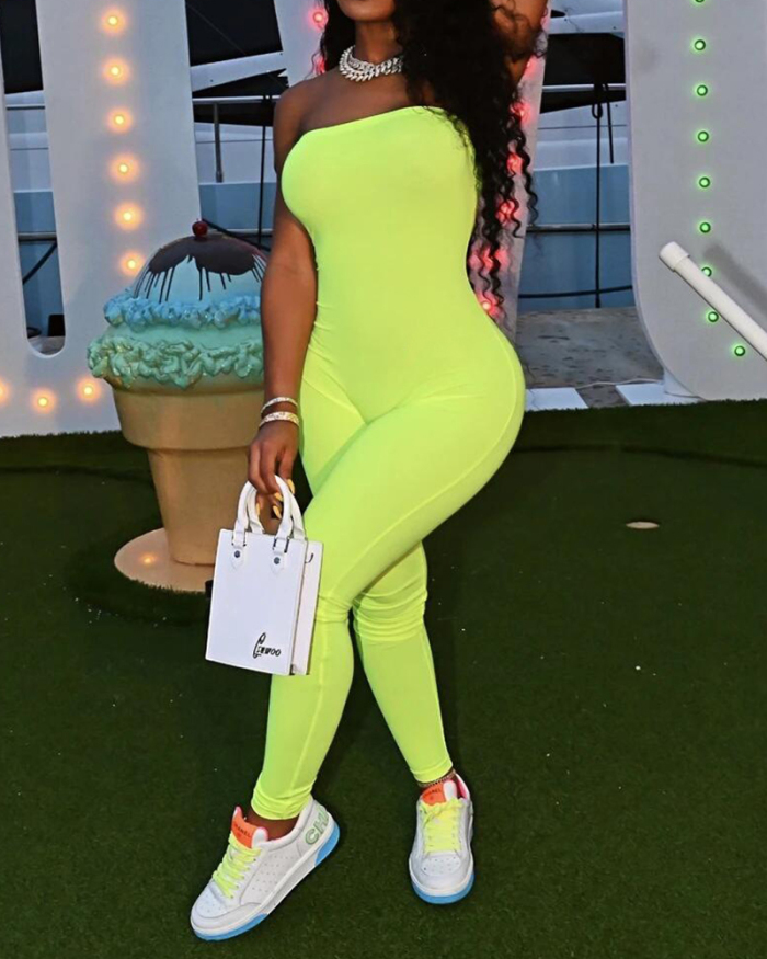 Women Solid Color Sleeveless Slim Sexy Jumpsuits Yellow Black Apricot Rose Red Fluorescent Green Orange S-2XL
