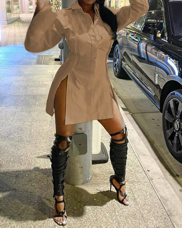 Women Long Sleeve Solid Color Turn-down Collar Side Silt Mini Fashion Casual Dresses White Khaki Black S-2XL