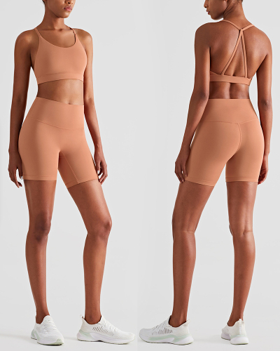 Yoga Clothing Set Nude Haltering Beautiful Back  Solid Color Yoga Shorts Set 4-8