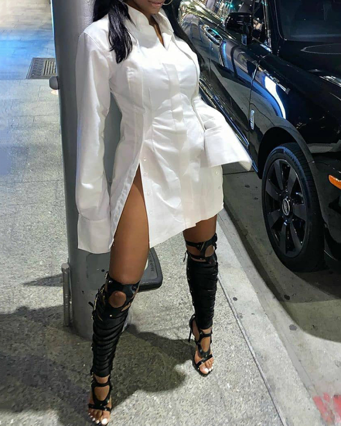Women Long Sleeve Solid Color Turn-down Collar Side Silt Mini Fashion Casual Dresses White Khaki Black S-2XL