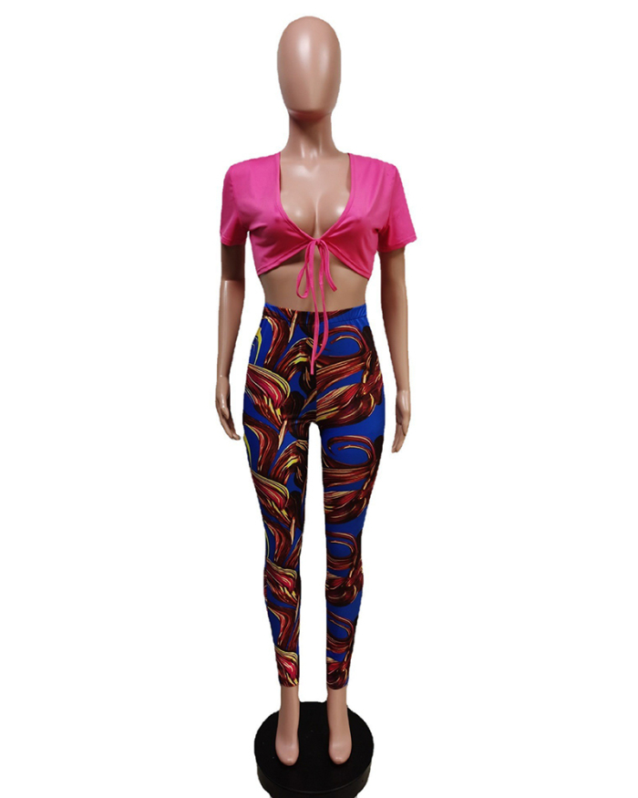 Women Short Sleeve V-neck Crop Casual Pants Sets Two Pieces Outfit Rose Red Coffee Royal Blue S-2XL