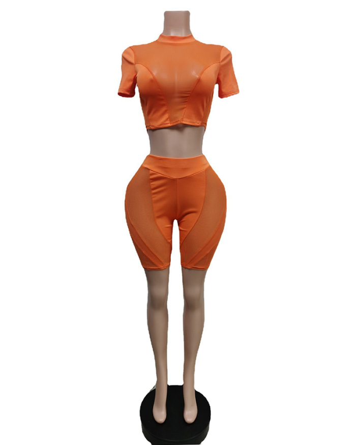 Woman Solid Color Mesh Patchwork Short Sleeve Sexy Sports Short Sets Two Pieces Outfit Orange Black Rose Red Royal Blue S-3XL