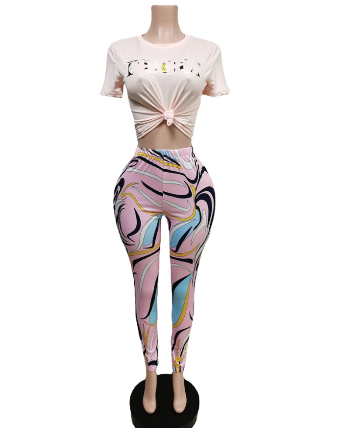 Women Casual Short Sleeve Letter Printed Striped Slim Pants Sets Two Pieces Outfit White Pink Navy Blue S-2XL