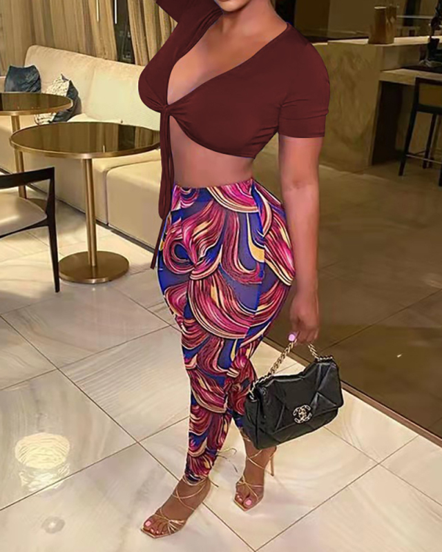 Women Short Sleeve V-neck Crop Casual Pants Sets Two Pieces Outfit Rose Red Coffee Royal Blue S-2XL